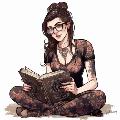 A Sexy nerd girl with glasses reading book, Gothic style, Dark and Black colors, Fantasy art illustration, in the style of Marianne North, watercolor style, no watermark, white background, very detailed, drawing illustration clipart, png clipart