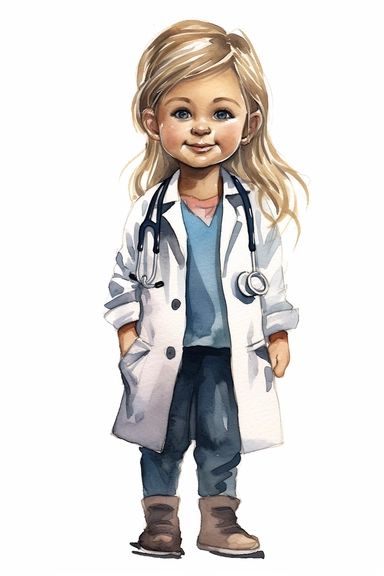 happy cute little girl 5 years old, doctor, folk art, watercolor, clipart elements, smooth gradients, black contour outline, ultra detailed, minimalistic colors, white background, super clear, high quality