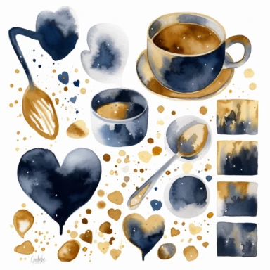 collection of watercolor clipart, hearts and coffee theme, by mary blair, white background, navy blue, gold and chocolate colors, print on demand image, PNG transparent background, white background, 8k