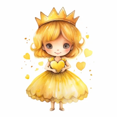 watercolor little princess clipart, yellow tone colors, big eyes, smiling, lovely, adorable, wearing crown, holding a lovely heart, full body, on white background