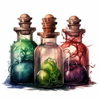 3 witch potion bottles lined up, watercolor, clipart, white background, in the style of necronomicon illustrations, sketchfab, dark spooky colors, realistic detailed illustrations, dirty, horror