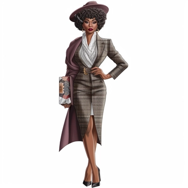 middle aged black woman clipart in the style of digital airbrushing, feminine sticker art, dollcore, realistic render, urban glam church attire, full body shot, fashion model, classy