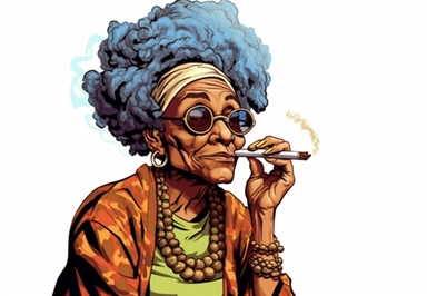 aughing funny Comic Book style Sassy hip African American Boho chic 60 year old Grandma with long rope style dreadlocks smoking a pipe puff puff pass Smoking blunt between her lips holding a cigarette lighter in one hand clipart Norman Rockwell Cartoon Cigarette cigar smoke on the side and tobacco on the side, in the style of cartoonish elements, animated gifs, clipart