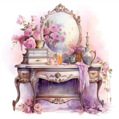 A Luxurious Victorian Vanity Dresser with Mirror clipart isolated on white background, soft pastel colors, soft pastel flower, in the style of realistic watercolors, feminine sensibilities, detailed illustrations, made of all of the above, in style of Willem Haenraets