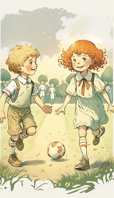 The boy and girl are playing football on the grass. The sunlight dyed the grass golden, and the breeze blew through their hair. The ball under their feet shone brightly in the sunlight, and the two competed with each other to score goals. The cheers and laughter of the crowd filled the entire grassland. Occasionally, a few small birds fly by,illustration for book, children's book, multiple positions,manga style,Watercolor Clipart, strybk, full Illustration, 4k, sharp focus, watercolor, smooth so