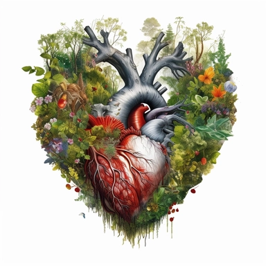 painting of a real heart with a forest inside of it, in the style of enchanting realms, nature-inspired installations, bloom core, colorful flowers ,realistic human heart ,mesmerizing colorscapes, skillful, fluid and organic, clipart, white background