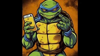 retro teenage mutant ninja turtles taking phone selfies with pizza clipart, cartoon, color, dark outlines full body shot