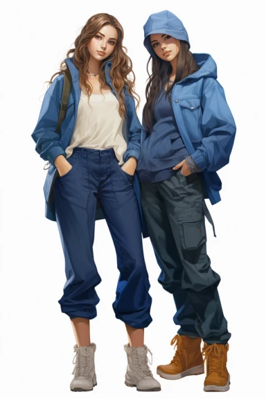 two fullbody women on their backs , wearing blue pants and jackets, clipart