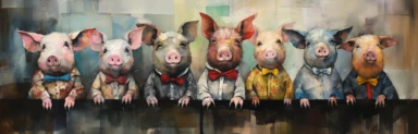 a line of cute miniature pigs, a collage of mixed media art made with tissue paper, magazine and newspaper clippings, oil paint, graphite pencil lines and fabric, in the style of playful surrealism, whimsical, washi tape