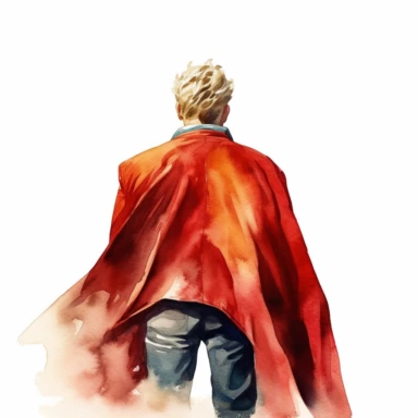 watercolor clipart of super hero man with blonde hair wearing a red cape, seen from behind