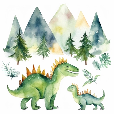 friendly, fluffy watercolor dinosaurs clipart, in mountains, forest, separated, seamless, transparent background--AR 3:2