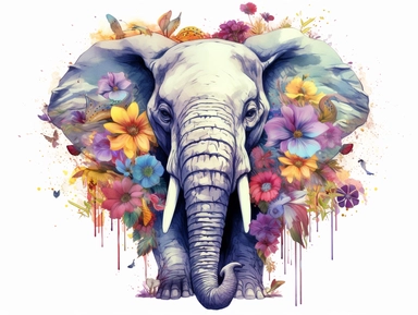 Highly detailed ink color illustration of a elephant, floral elements, pastel colors, cute style, clipart white background in 8k resolution
