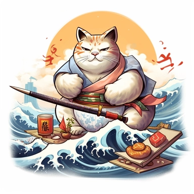 cartoonish clipart, white background, a fat happy japanese samurai cat, surfing on kanagawa, eating sushi, happy dragon in background, japanese letters