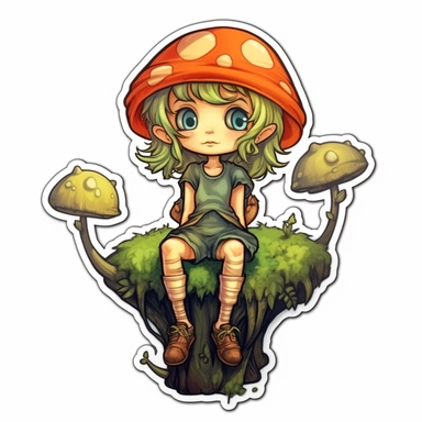 whimsical, cute, cartoon, clipart, forest elf sitting on a mushroom, sticker, in the style of Tim Burton