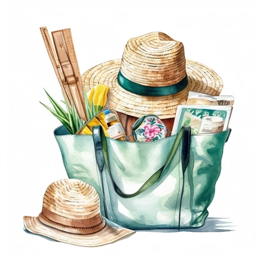 watercolor clipart of a stylish beach bag filled with essentials for a tropical getaway, brushstrokes, white background