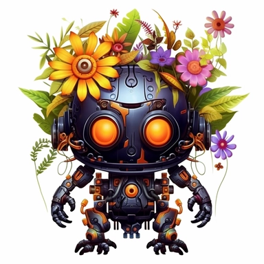 Floral Dark Fantasy Cute Kawaii Robot Clipart, Flat Cartoon, hyper realistic, intricate detail, illustration style, high resolution, on the white background