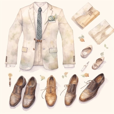 wedding watercolor graphics, subtle neutral pastel tones, sparklecore, embossed paper, Create a dashing wedding clipart featuring sleek and polished groom's shoes, exuding a sense of style and refinement, completing the groom's ensemble for a truly memorable wedding celebration, candid, multi-layered