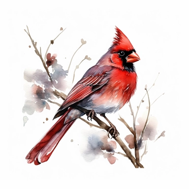 watercolor style, red cardinal sitting on a branch clipart, isolated on white background, hd