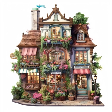 a very cute toy shop with lots of toys , clipart, exterior view, cozy, flowers, luminious, dramatic lighting, super detailed, daytime, Thomas Kinkade style, watercolor, 8k, on isolated white background