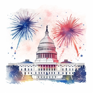 Visualize a patriotic clipart featuring the United States Capitol building illuminated with fireworks, standing proudly against a clean white backdrop, symbolizing the country's enduring strength and democracy on Independence Day.