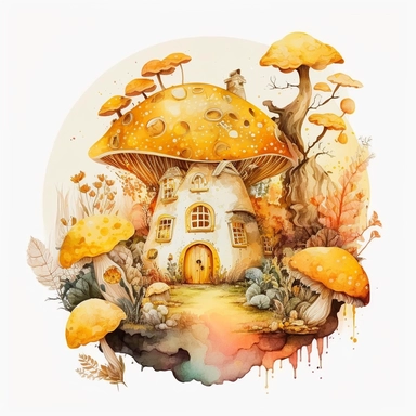 Watercolour yellow, orange Magic Mystical Mushroom clipart with white background cottage surrounded by fruits and front garden, with yellow buttlerflys