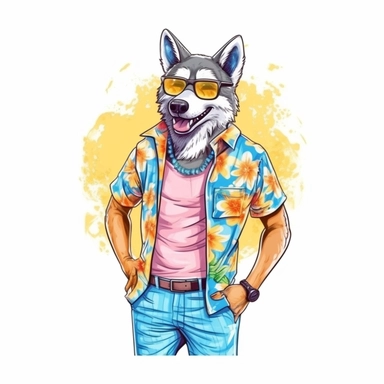 Summer Day Funny wolf guy Summer guy Sublimation Clipart, isolated on white background