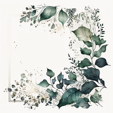 Clip art moody watercolour delicate fine line art, dark green leafs frame border, white backround, satin finsh
