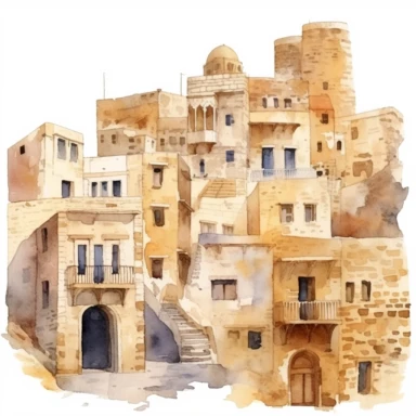 watercolor mardin town in turkiye, illustrations clipart set, simple, , cartoon elements ,different variants , historic stone houses,historic buildings, cobblestone lanes, tone facades of the buildings, Mardin's stone Alleyways separate elements with a margin