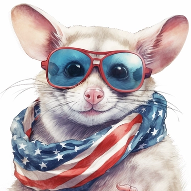 closeups shot, low angle, watercolor style, Sugar glider is sitting, wears American flag scarf and sunglasses, hyper-realistic animal illustrations, 2d game art, quadratura, clipart, on white background,