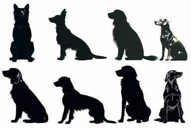 black dog silhouettes cliparts on white background, in the style of françoise basset, mary beale, animated gifs, petcore, boris kustodiev