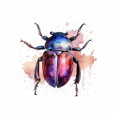 beetle clipart watercolour, purple black brown red and blue, white background,