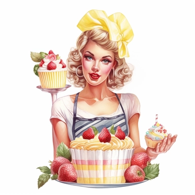 Hand drawn pin up woman, wearing a yellow bakers hat, pink and white striped apron, holding lemonade cake with lemons, with strawberries and blossoms, glamorous, half body, very detailed and realistic, watercolor, white background with margins, clipart style