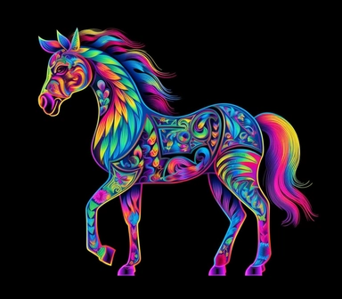 6 tattoo art style adorable baby horse, black defined outlines, high details, clipart, hd, isolated on black background, spaced out, vibrant rainbow colors