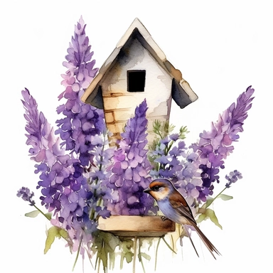 birdhouse surrounded by Purple Lavender flowers, watercolour, clipart design, pure white background, uplighted