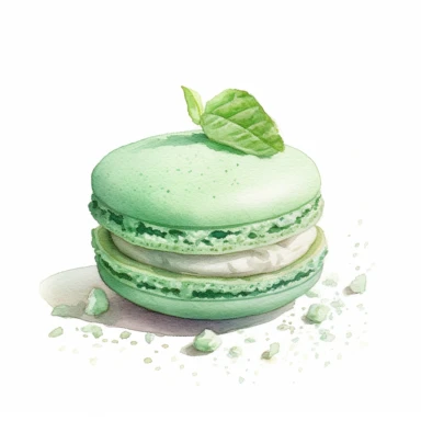 A mint green macaroon with a hint of mint flavor clipart, white background, watercolor sophisticated drawing