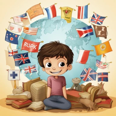a toon clipart boy learning many languages with different words and flags