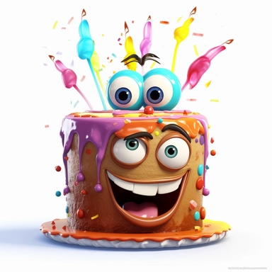 clipart of a messy two layer birthday cake, there is a funny face in the cake, candles, cartoon, for kids, funny, pixar, 8k, white background, sharp focus, detailed,