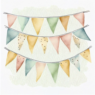 Watercolor bunting , white background, clipart illustration, Cartoon, cute, in the style of muted and subtle tones, use of fabric, ivory, high-angle, dark white