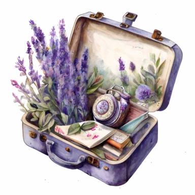 clipart watercolor detailed realistic, white background. old suitcase is open, lilac color. inside there is a lot of lavender flowers