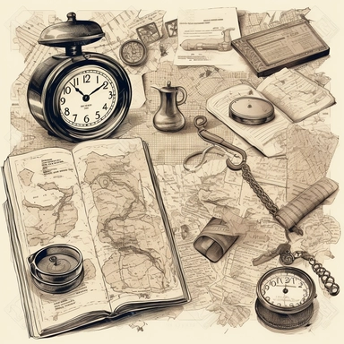 Detective letters and map and evidence and files and books and file case and magnifier and pockey clock and sheets of investigation, engraving style illustration,isolated elements, set, clipart,white background, high detail, victorian illustration, capturing the fine details and textures of the natural elements, illustration, Vector, Photography, masterpiece, map, color, Industrial Grunge