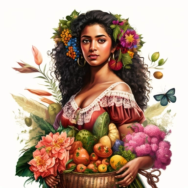 a gorgeous Indian woman, curly hair with ruffles, big basket with flowers in her hand, Michelangelo style, luxury, chain of flowers in the background, butterflies, dandelions, vibrant colors, dressed in several dresses, white background, clipart