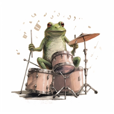 drawing of a funny cute frog rockstar Drummer , white background, clipart, in unicake colors, layered composition, muted color palette, in the style of Ghibli, Pixar, Ukiyo - e, Wabi - sabi,