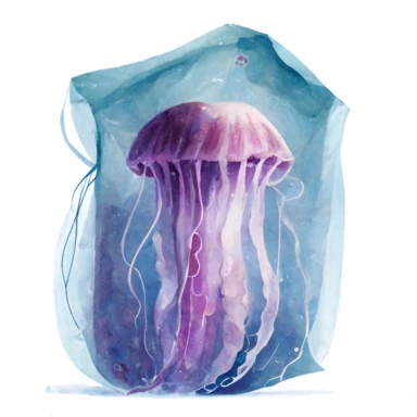 watercolour handmade clipart of a purple jellyfish stuck in a blue transparent plastic bag in the ocean
