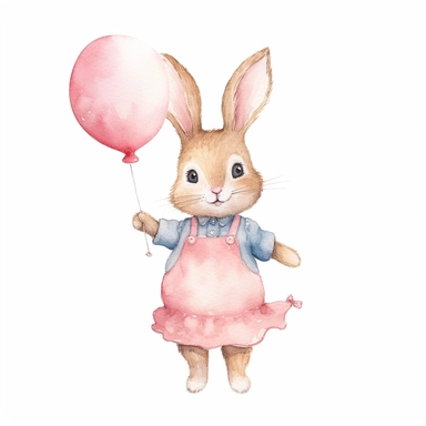 Watercolor svg clipart of a cute cartoon adorable Peter rabbit kawaii animal holding a pink balloon illustration by Beatrix potter , pastel pink dress, png isolated on white background