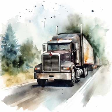 watercolour clipart of black freightliner truck driving in the highway