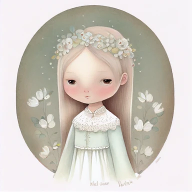 A cute watercolour drawing of a girl wearing a beautiful holy communion dress, flowers, holy communion, childrens book illustration, melancholy pastel art, children book illustration, childrenbook illustration, kawaii, children’s book illustration, children's book illustration, inspired by nicoletta ceccoli, cute storybook illustration, illustration for children, by nicoletta ceccoli, wlop! muted colours, Clipart style, transparent background