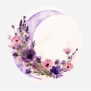 with white background, art Watercolor, rustic Watercolor Lavender and Wildflowers Crescent floral clipart, hd, high detailed, lavender bold purple, playful color, colorful, delicate petals, pastel, muted, soft, subtle, romantic, dreamy, ultra details, high resulution, dynamic lighting, rendering, photo realistic, lightroom gallery, cinematic lighting