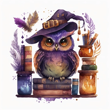 Watercolour cute witches owl, wearing a witch hat, clipart. The owl is sitting on a bookshelf, surrounded by books and potions. Its feathers are a mix of dark and orange shades, and its eyes are looking directly at the viewer. The witch hat has a purple ribbon, and the owl is holding a feather quill in its wing. The bookshelf is in a dark, candlelit room, with cobwebs and a cauldron in the corner. The books have titles like The Art of Witchcraft and Magical Potions and Spells. The potions on the