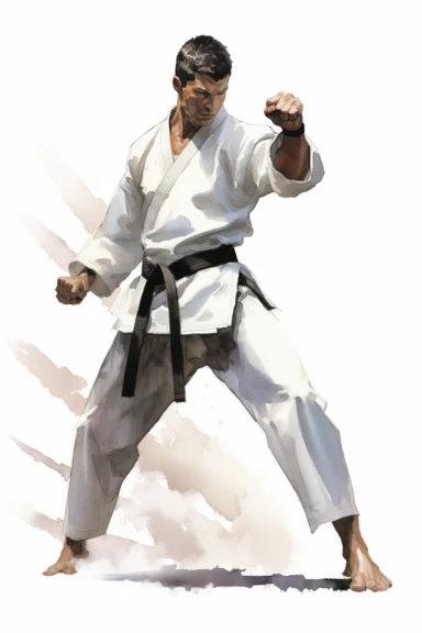 young and stylized white european male , black short hair, kick boxing, highly detailed, watercolor, clipart, illustration, practice on a grass, white kimono, black background, digital painting, paper crafting, no signature, no text, 8k,