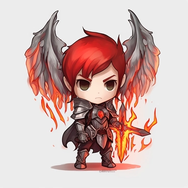 zeeb labs art style boy, angel knight, tiny chibi body with red fire armor, crown, wings, sword, smerk, super long cape, clipart, sticker, no background, hd